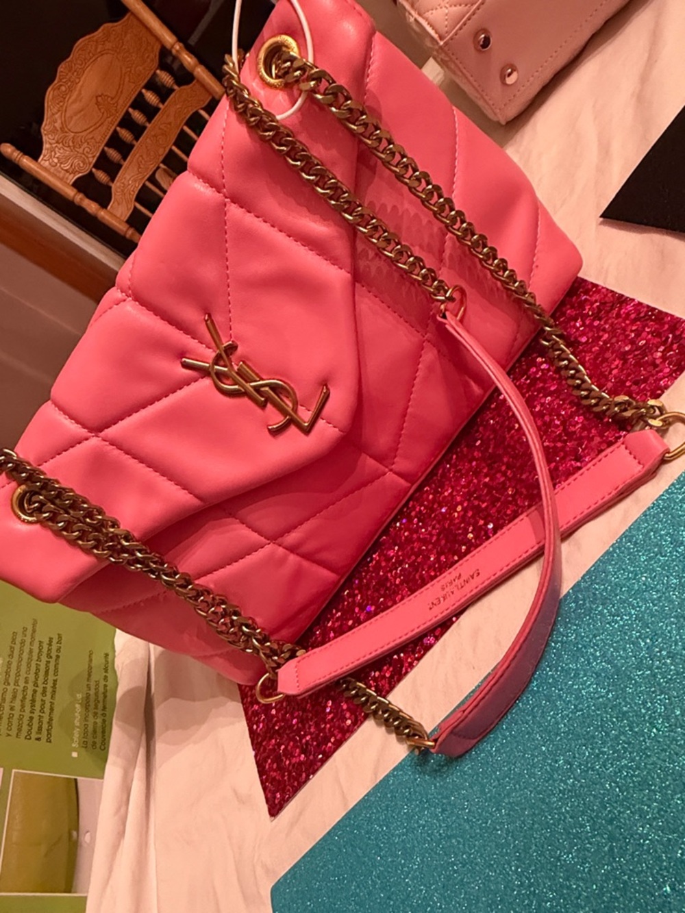 Saint Laurent Pink Quilted Leather Shoulder Bag with Gold Chain - Picture 4 of 4
